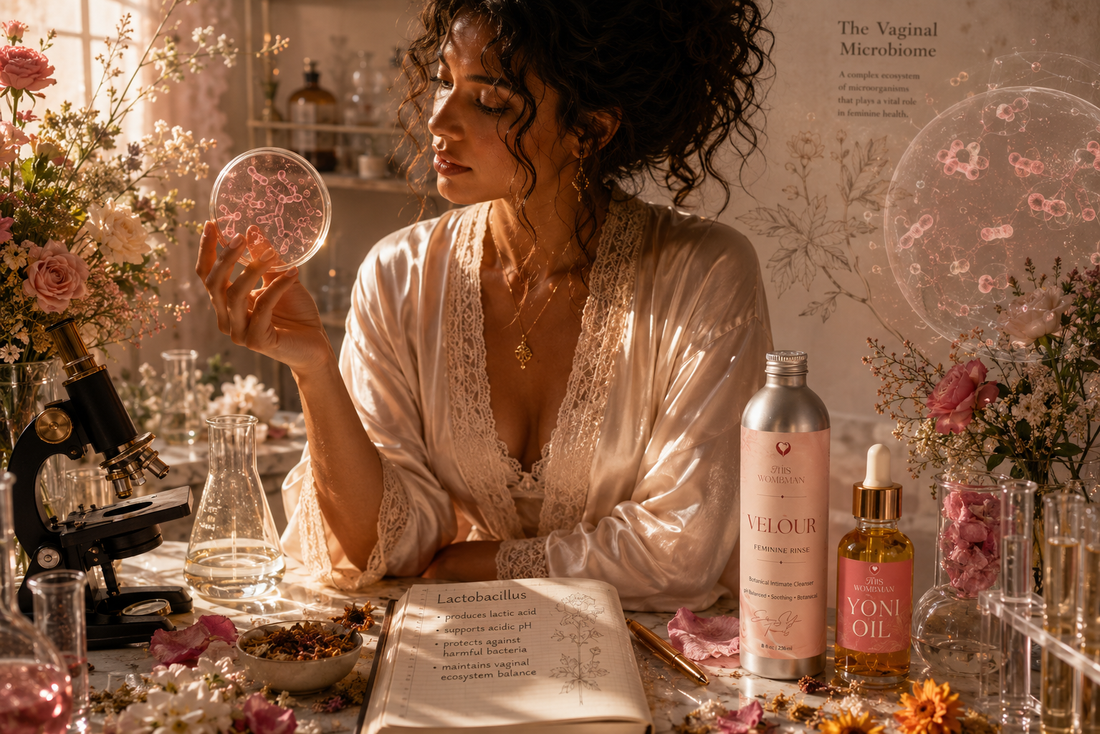pH-balanced feminine care by This Wombman -- Velour botanical feminine wash and Yoni Oil supporting vaginal microbiome health