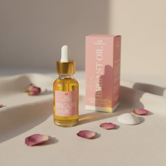 Breast Oil bottle with packaging, organic herbal breast care product with natural ingredients