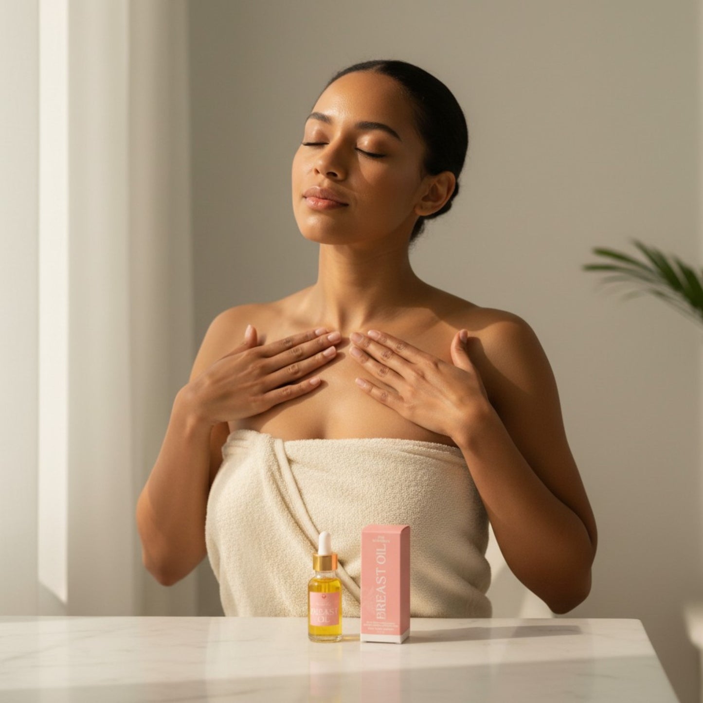 Woman applying breast oil to upper chest, natural self-care ritual for breast health and circulation in spa