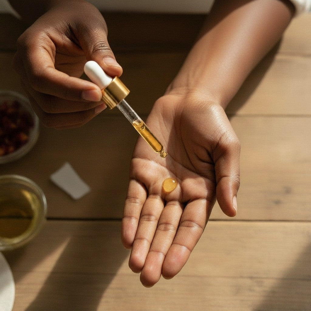 Woman using breast oil into hands for nourishment 