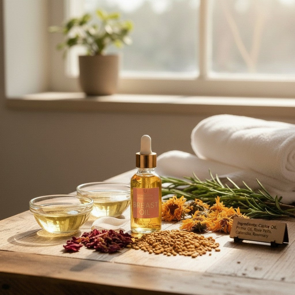 Breast Oil with rose petals, calendula, and castor oil, primrose oil, and rosemary leaves, natural ingredients used for breast wellness and skin nourishment