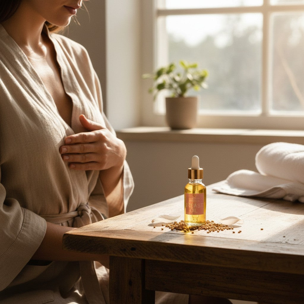 Woman applying breast oil to upper chest, natural self-care ritual for breast health and circulation